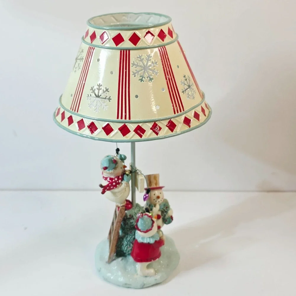 Snowmen Wrapping Lights Christmas Tealight Holder Lamp and Shade 2 pc 9.5